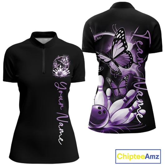 Custom Blue Butterfly Bowling Women Quarter-Zip Shirts With Team Name, Bowling Uniform IPHW10947