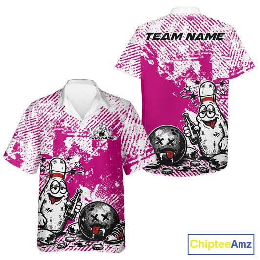Front and back view of a button-up bowling shirt mockup in pink and white, featuring cartoon drunk bowling pin holding beer bottle and bowling ball artwork.