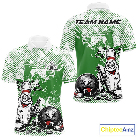 Front and back view of a men’s polo shirt mockup in green and white, featuring drunk cartoon bowling pin holding beer bottle and bowling ball with grunge background.