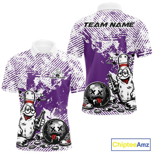 Front and back view of a men’s polo shirt mockup in purple and white, featuring drunk cartoon bowling pin holding beer bottle and bowling ball with grunge texture background.