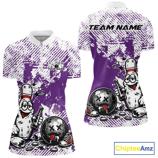 Women’s quarter zip bowling shirt mockup in purple and white, featuring funny cartoon bowling pin holding beer and bowling ball, grunge textured background