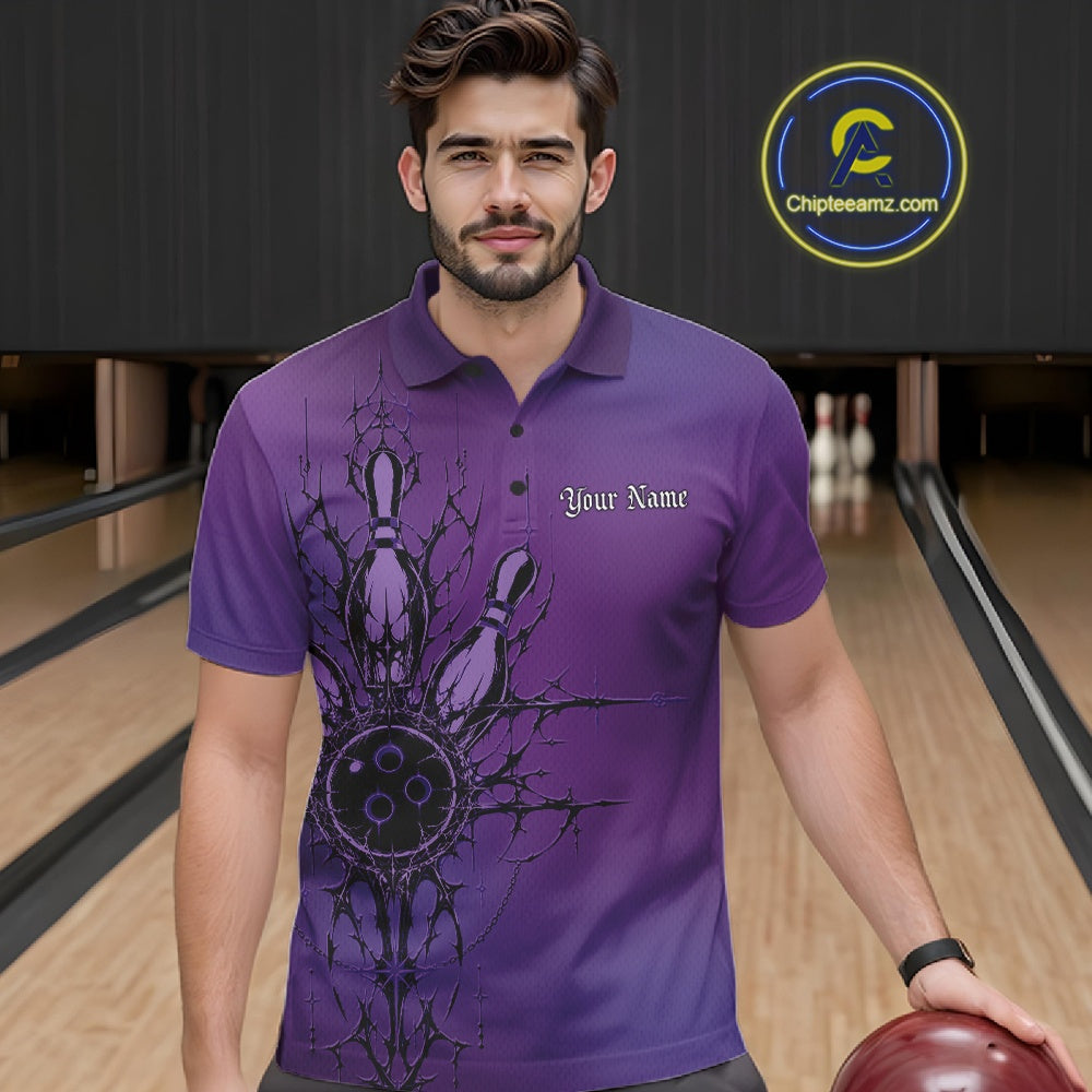 Man wearing a purple polo shirt with a bowling design on a bowling alley.