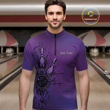 Load image into Gallery viewer, Man wearing a purple bowling shirt with a design and text on a bowling alley background