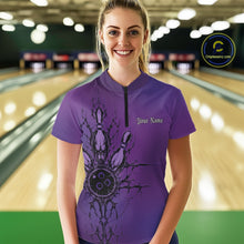 Load image into Gallery viewer, Woman wearing a purple bowling shirt with a design and 'Your Name' text in a bowling alley.