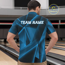 Load image into Gallery viewer, Man wearing a blue bowling shirt with 'TEAM NAME' on the back, standing on a bowling lane.