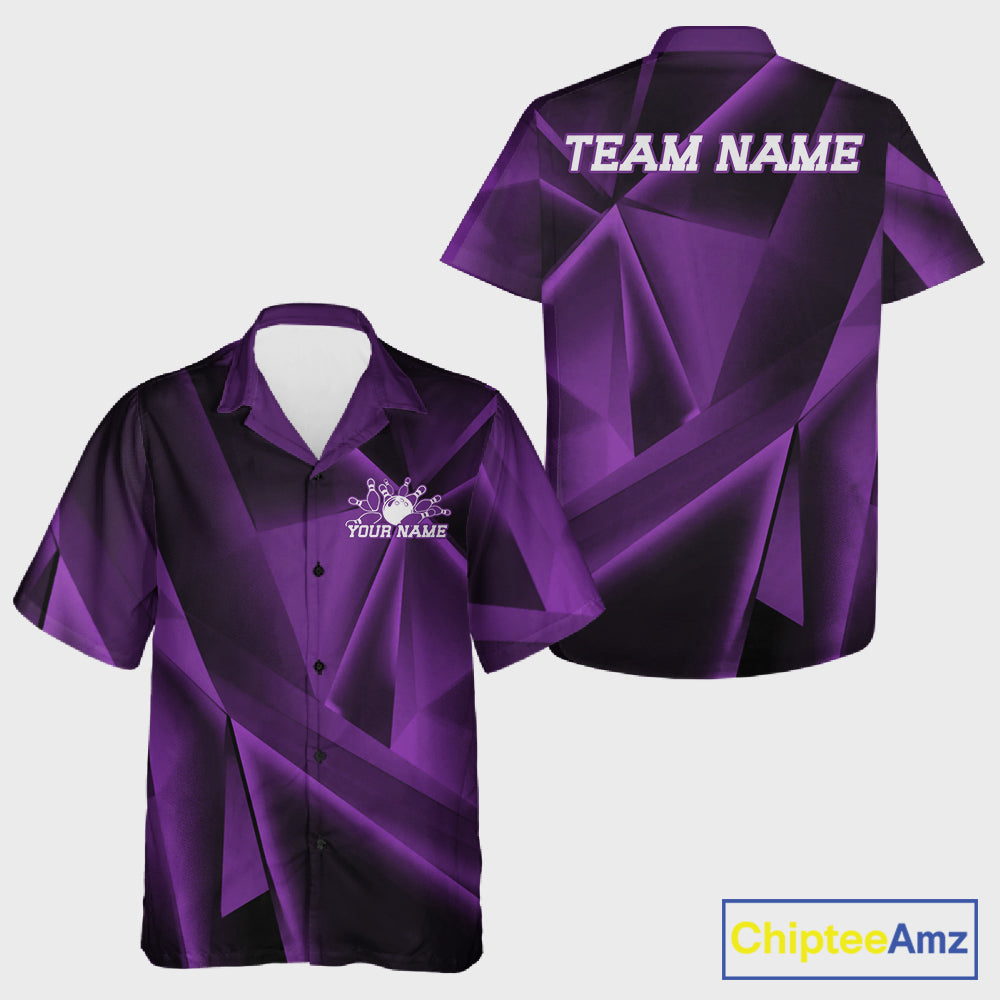 Purple bowling shirt with 'Team Name' and 'Your Name' text on a white background