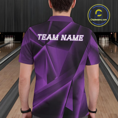 Person wearing a purple bowling shirt with 'TEAM NAME' on the back in a bowling alley.