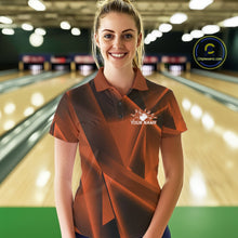Load image into Gallery viewer, Woman wearing a custom polo shirt with a logo and text in a bowling alley.