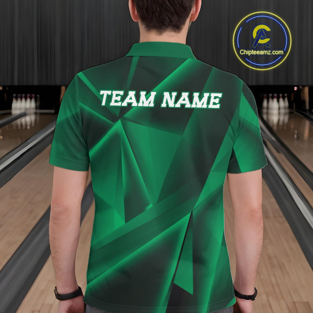Person wearing a green bowling shirt with 'TEAM NAME' on the back, standing in a bowling alley.
