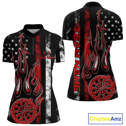 Custom Red Thin Line US Flag Patriotic Flame Dartboard Dart Women Quarter-Zip Shirts IPHW9639