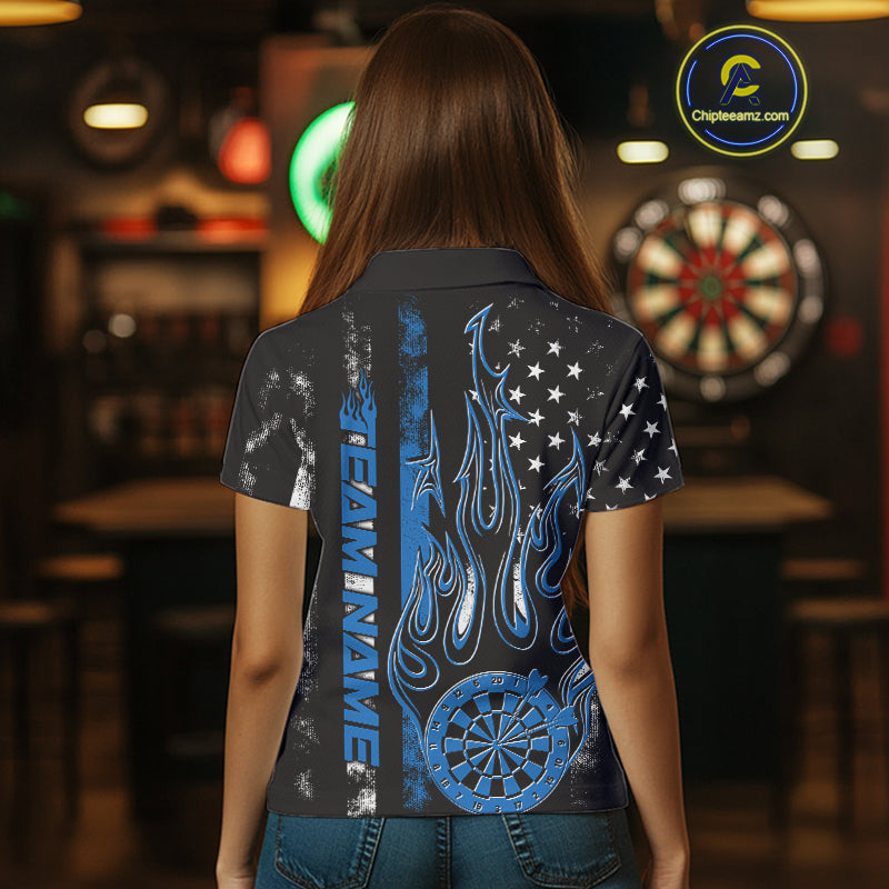 Custom Blue Thin Line US Flag Patriotic Flame Dartboard Women Polo Shirt, Dart Jersey IPHW9640