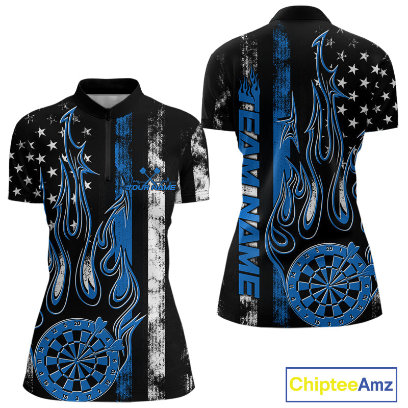 Custom Blue Thin Line US Flag Patriotic Flame Dartboard Dart Women Quarter-Zip Shirts IPHW9640