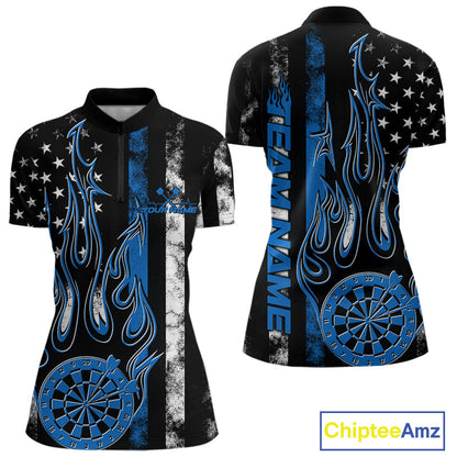 Custom Blue Thin Line US Flag Patriotic Flame Dartboard Dart Women Quarter-Zip Shirts IPHW9640