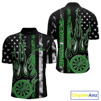 Custom Green Thin Line US Flag Patriotic Flame Dartboard Dart Men Quarter-Zip Shirts, Dart Jersey IPHW9641