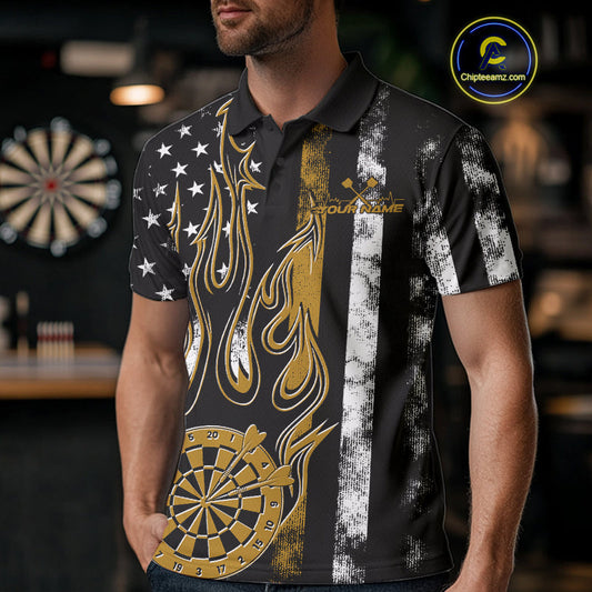 Custom Yellow Thin Line US Flag Patriotic Flame Dartboard Dart Men Polo Shirts, Dart Jersey IPHW9643