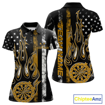 Custom Yellow Thin Line US Flag Patriotic Flame Dartboard Women Polo Shirt, Dart Jersey IPHW9643