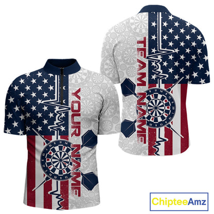 Custom US Flag Patriotic Dart Pulse Line Quarter-Zip Shirts For Men, Dart Team Shirt IPHW9650