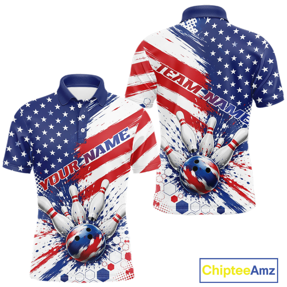 Custom Patriotic American Bowling Men Polo Shirt, US Flag Splatter Bowling Jersey IPHW11844