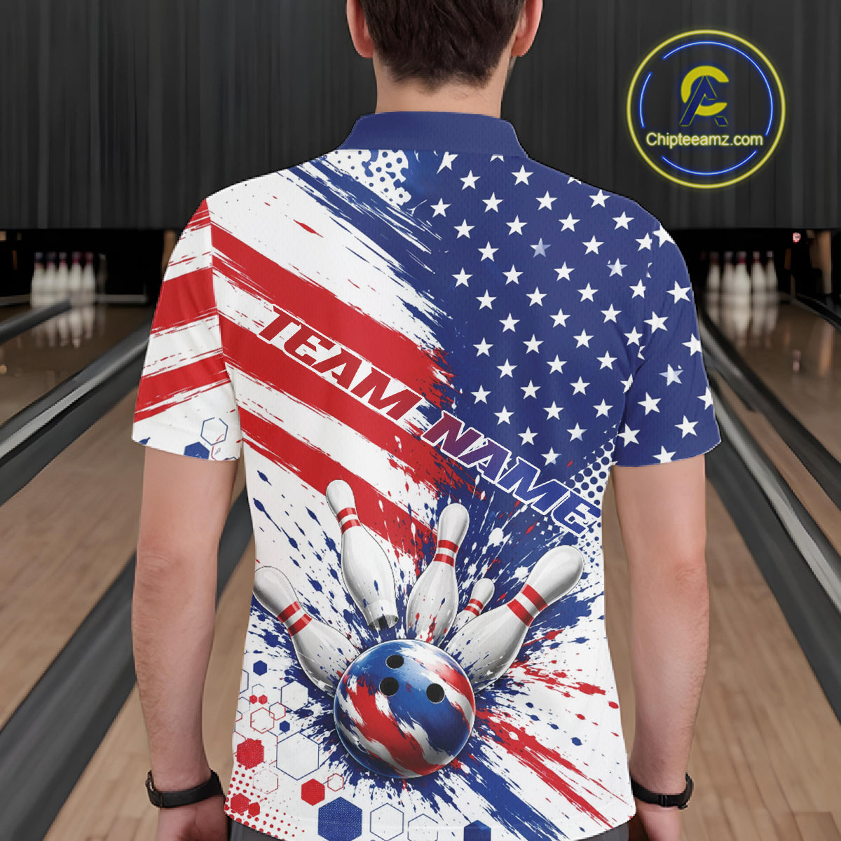 Custom Patriotic American Bowling Men Polo Shirt, US Flag Splatter Bowling Jersey IPHW11844