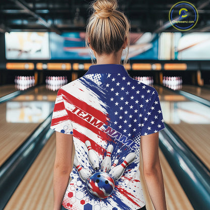 Custom Patriotic American Bowling Women Polo Shirt, US Flag Splatter Bowling Jersey IPHW11844