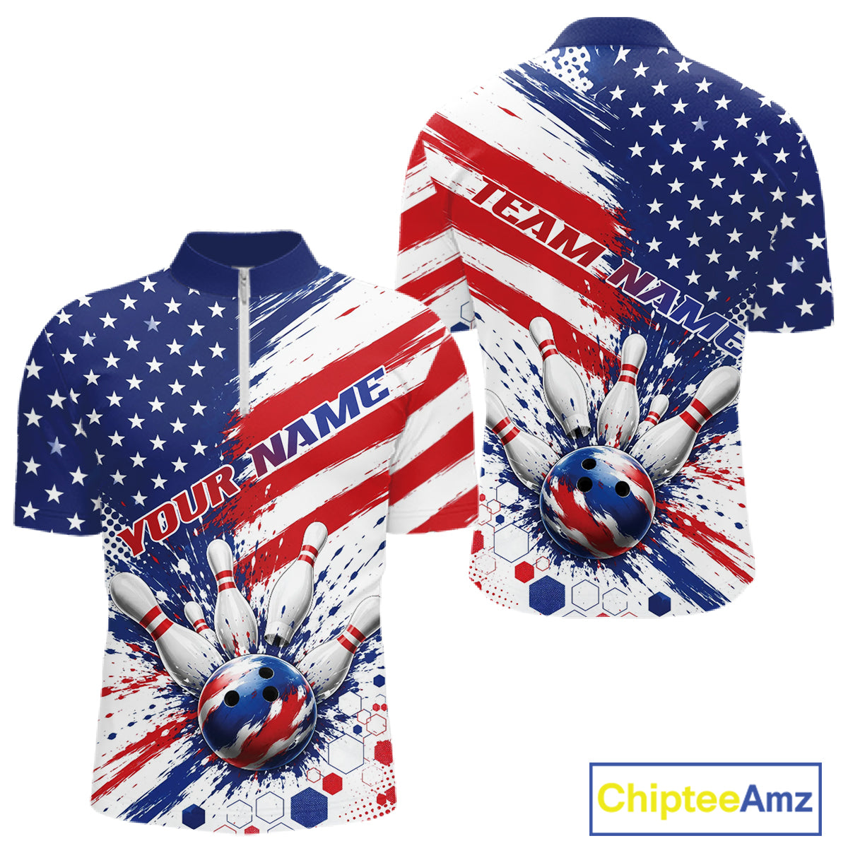 Custom Patriotic American Bowling Men Quarter Zip Shirt, US Flag Splatter Bowling Jersey IPHW11844