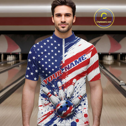 Custom Patriotic American Bowling Men Quarter Zip Shirt, US Flag Splatter Bowling Jersey IPHW11844