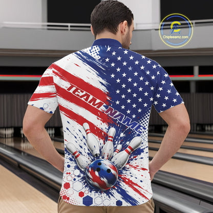 Custom Patriotic American Bowling Men Quarter Zip Shirt, US Flag Splatter Bowling Jersey IPHW11844