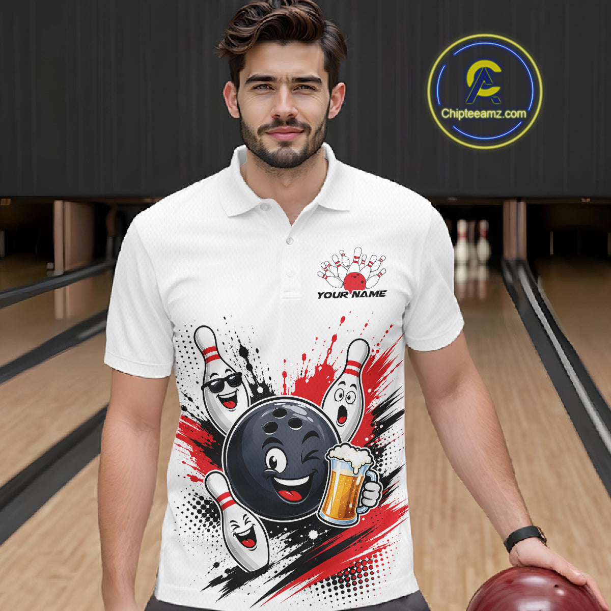 Custom White And Red Funny Beer Bowling Men Polo Shirt, Beer Drinking Party Bowling IPHW11850