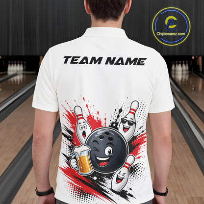 Custom White And Red Funny Beer Bowling Men Polo Shirt, Beer Drinking Party Bowling IPHW11850