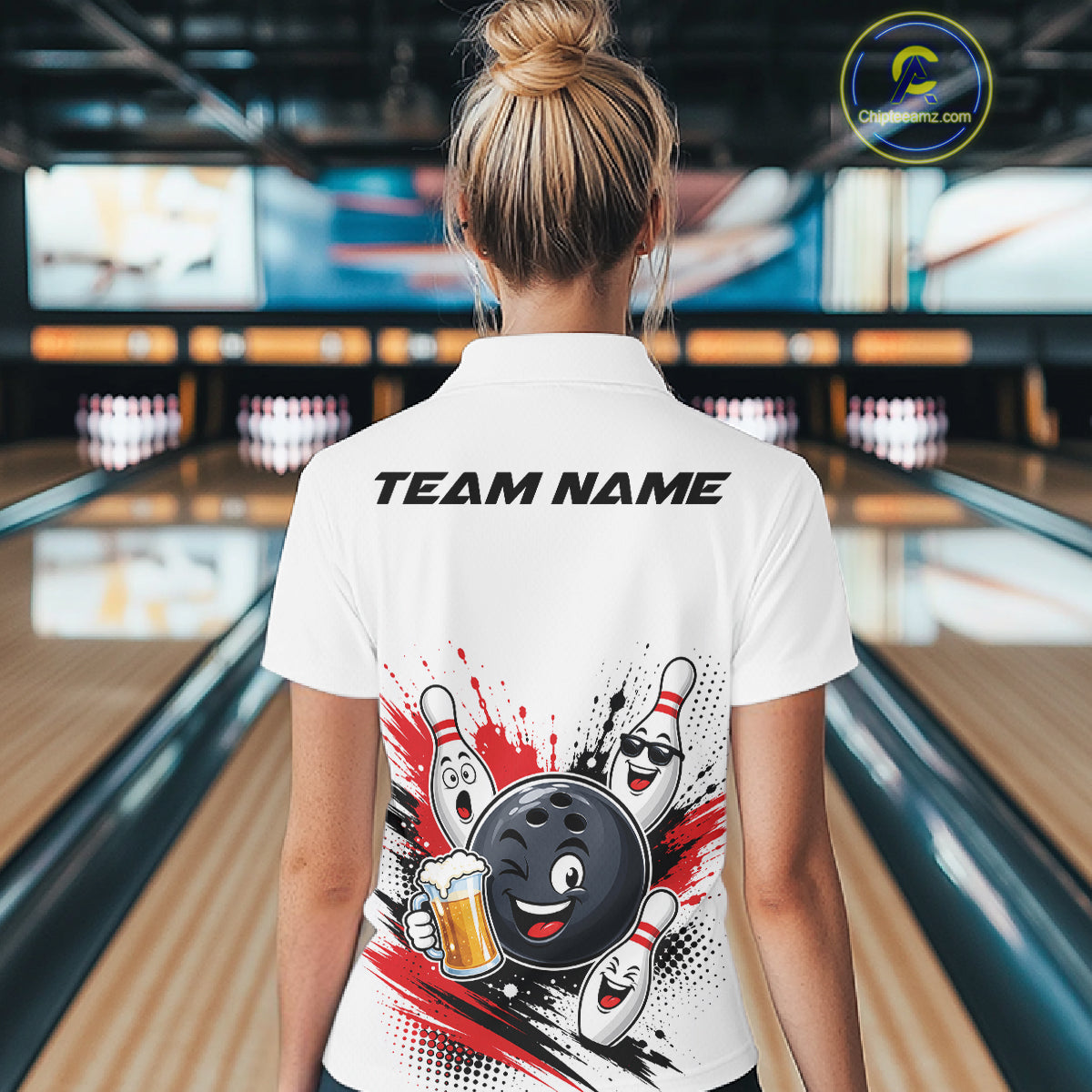 Custom White And Red Funny Beer Bowling Women Polo Shirt, Beer Drinking Party Bowling IPHW11850