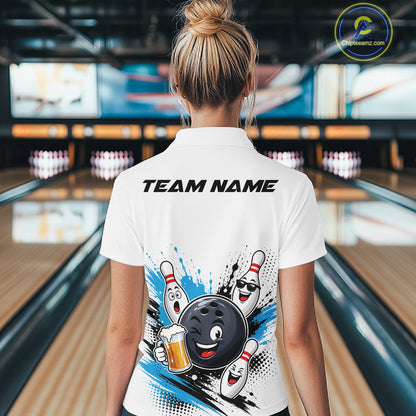 Custom Blue Funny Beer Bowling Women Quarter-Zip Shirt, Beer Drinking Party Bowling IPHW11851