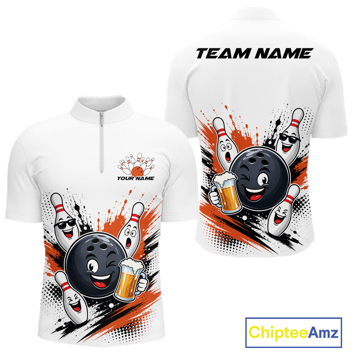 Custom White And Orange Funny Beer Bowling Men Quarter Zip Shirt, Beer Drinking Party Bowling IPHW11852