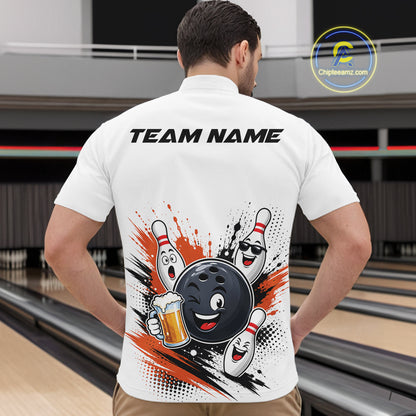 Custom White And Orange Funny Beer Bowling Men Quarter Zip Shirt, Beer Drinking Party Bowling IPHW11852