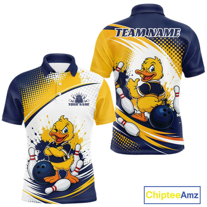 Custom Blue And Yellow Funny Duck Bowling Team Men Polo Shirt, Bowling Jersey IPHW11856