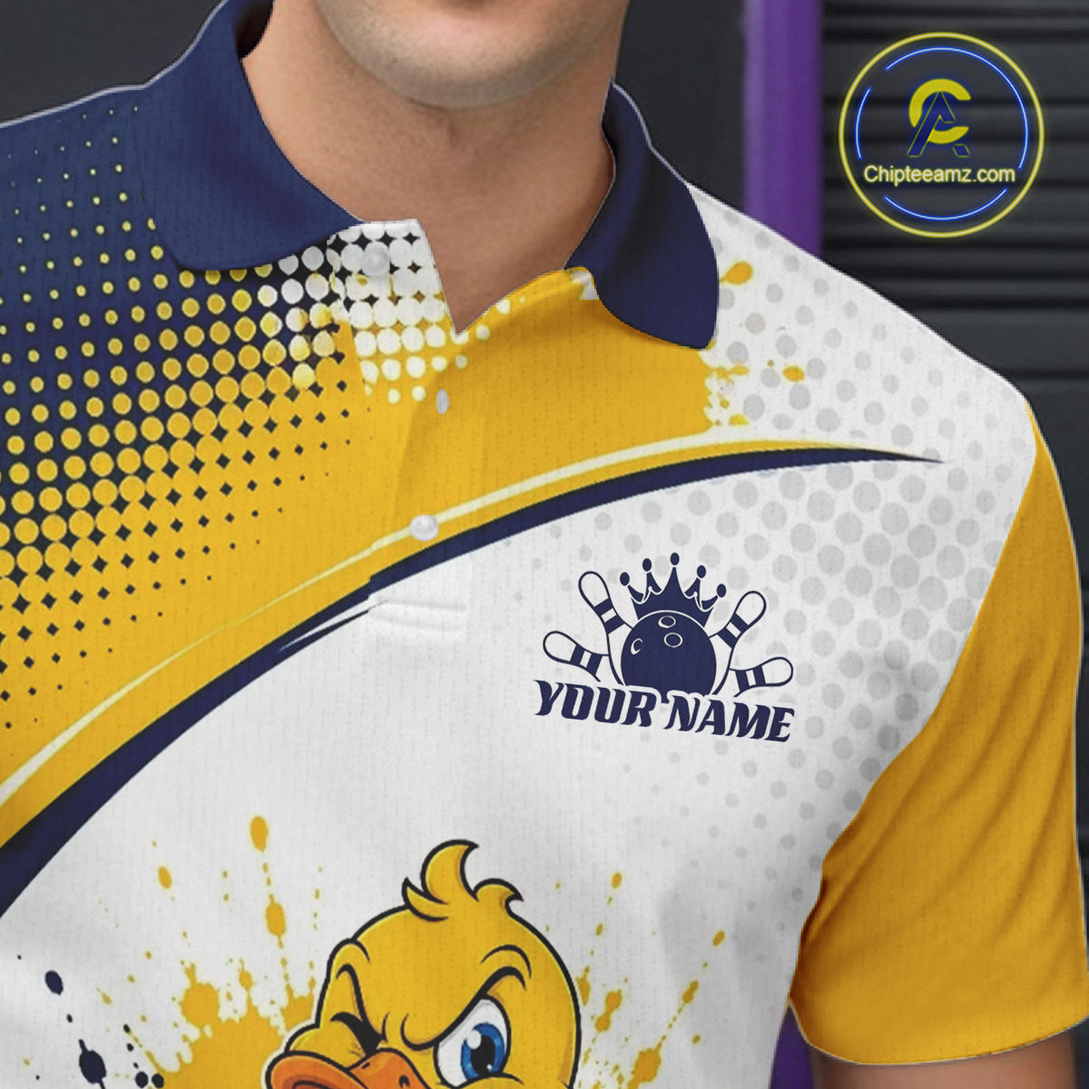 Custom Blue And Yellow Funny Duck Bowling Team Men Polo Shirt, Bowling Jersey IPHW11856