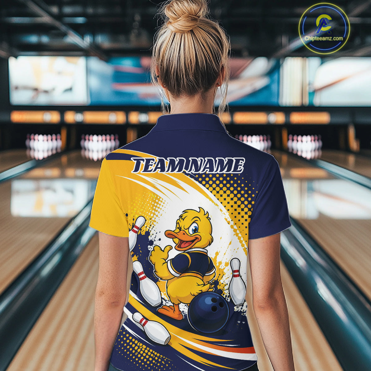 Custom Blue And Yellow Funny Duck Bowling Team Women Polo Shirt, Bowling Jersey IPHW11856
