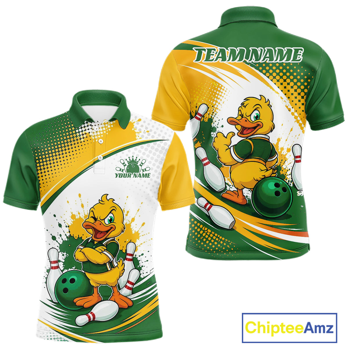 Custom Green And Yellow Funny Duck Bowling Team Men Polo Shirt, Bowling Jersey IPHW11857