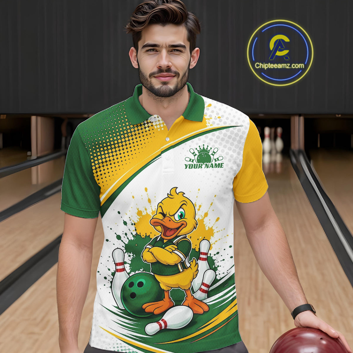 Custom Green And Yellow Funny Duck Bowling Team Men Polo Shirt, Bowling Jersey IPHW11857