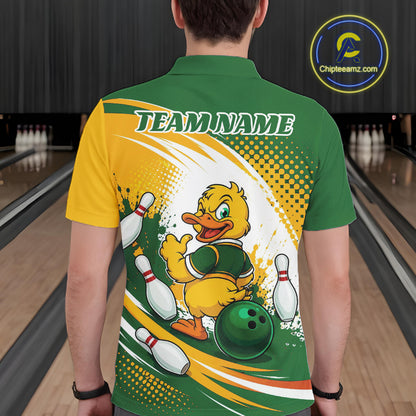 Custom Green And Yellow Funny Duck Bowling Team Men Polo Shirt, Bowling Jersey IPHW11857