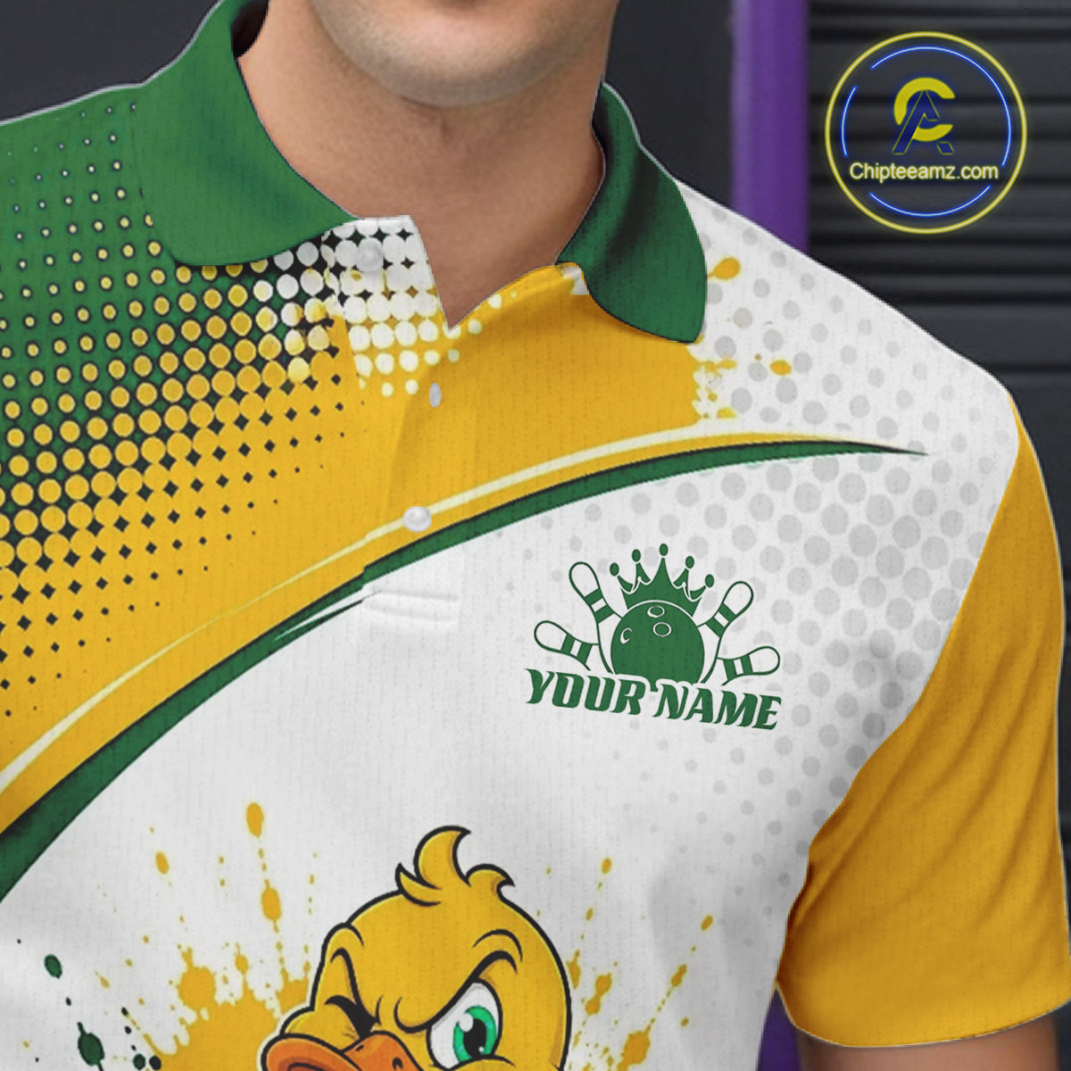 Custom Green And Yellow Funny Duck Bowling Team Men Polo Shirt, Bowling Jersey IPHW11857