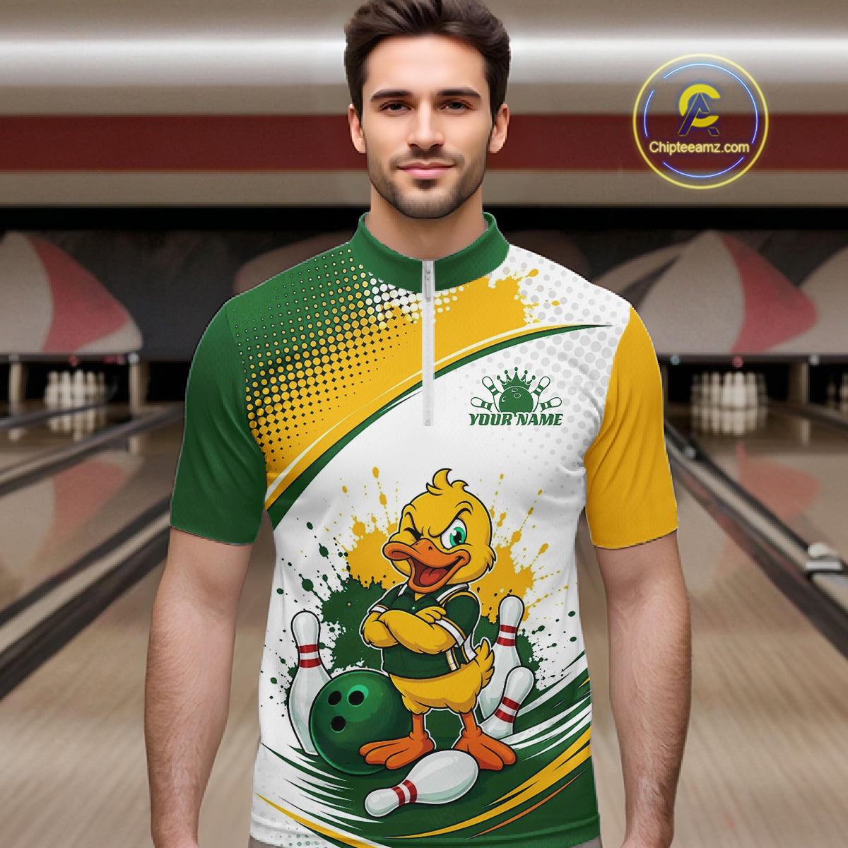 Custom Green And Yellow Funny Duck Bowling Team Men Quarter Zip Shirt, Bowling Jersey IPHW11857