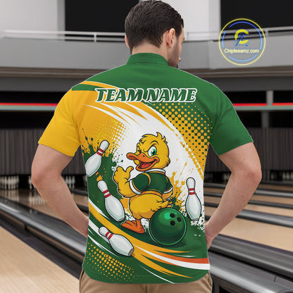 Custom Green And Yellow Funny Duck Bowling Team Men Quarter Zip Shirt, Bowling Jersey IPHW11857