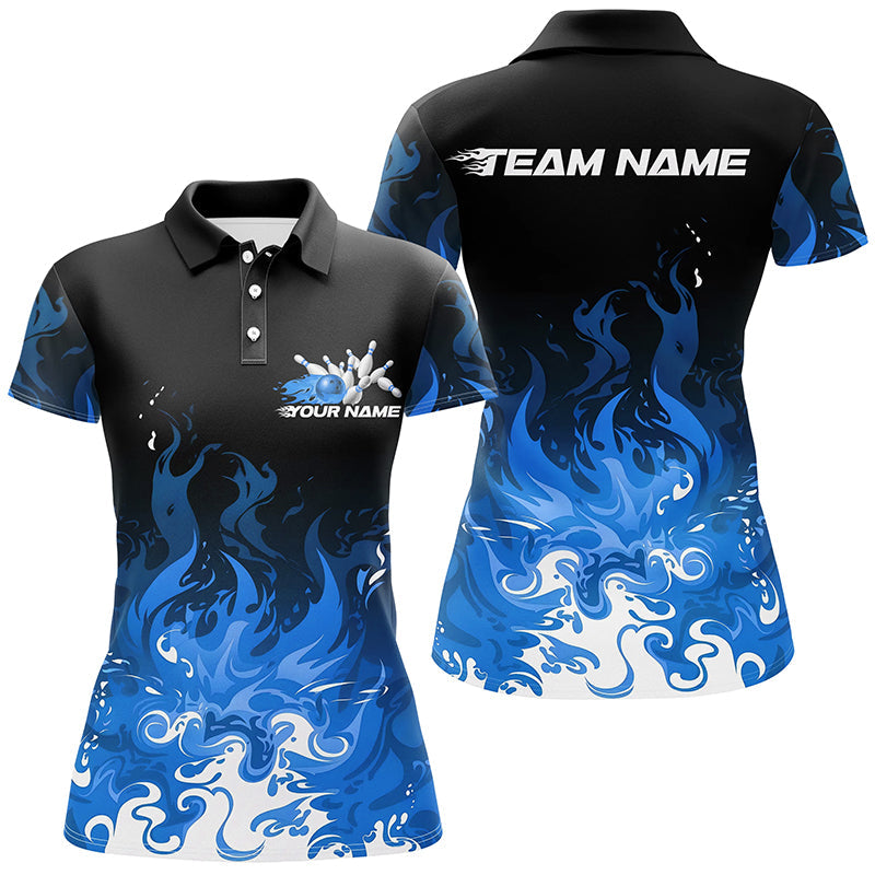 Custom Blue Flame Bowling Shirts For Women, Team Name Bowling League Shirts Bowlers Outfits IPHW7405