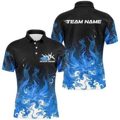 Custom Blue Flame Bowling Shirts For Men, Team Name Bowling League Shirts Bowlers Outfits IPHW7405