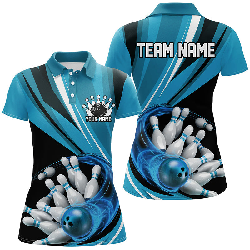 Custom Blue Flame Ladies Bowling Shirts, Bowling League Bowling Team Shirts Bowlers Outfit IPHW7415