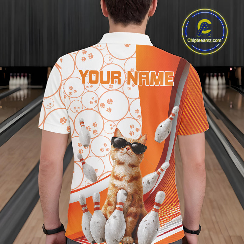 Custom Funny Smirk Orange Cat With Sunglasses Bowling Team Men Polo Shirts IPHW10104