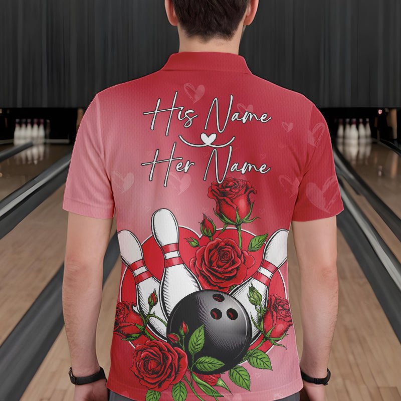 Custom Valentine Bowling Polo Shirts For Men, Bowling And Red Roses Couple Bowling Outfits IPHW8350