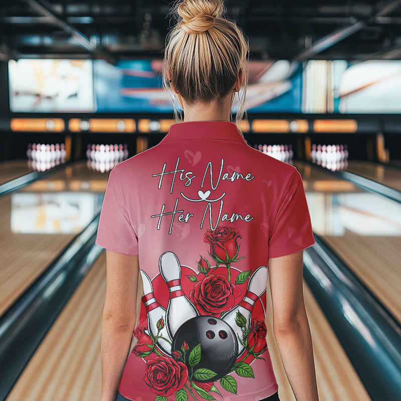 Custom Valentine Bowling Polo Shirts For Women, Bowling And Red Roses Couple Bowling Outfit IPHW8350