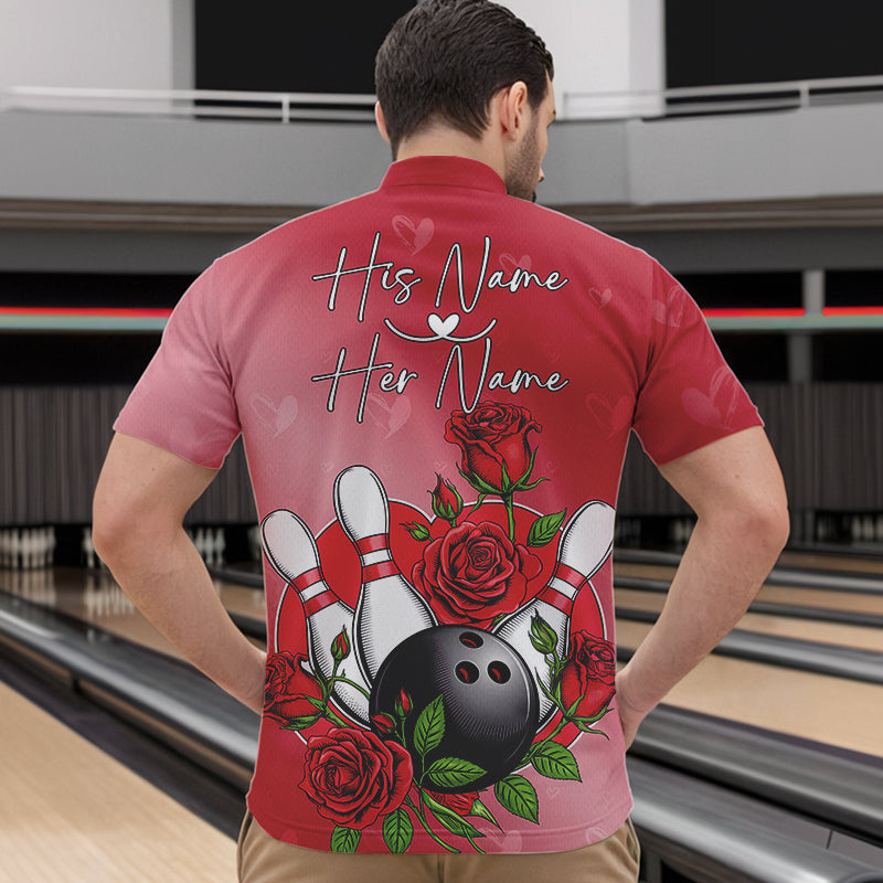 Custom Valentine Bowling Quarter-Zip Shirts For Men, Bowling And Red Roses Couple Bowling Outfits IPHW8350