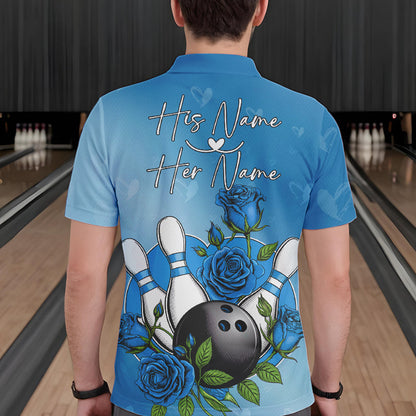 Custom Blue Valentine Bowling Polo Shirts For Men, Bowling And Roses Couple Bowling Outfits IPHW8351